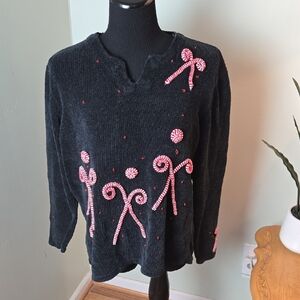 Vintage 90s Black Christmas Sweater with 3D Candy Canes